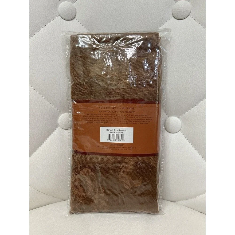 Vintage Harvest Scroll Damask Bronze Napkins Set of 4 17x17 Washable New